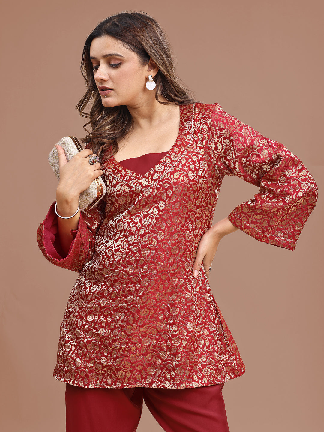 Red Colored Brocade Tunic With Silk Blend Inner & Trouser
